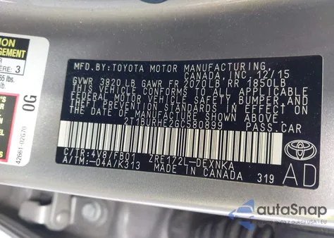 2016 Toyota Corolla Le from USA, damaged, VIN 2T1BURHE2GC580899